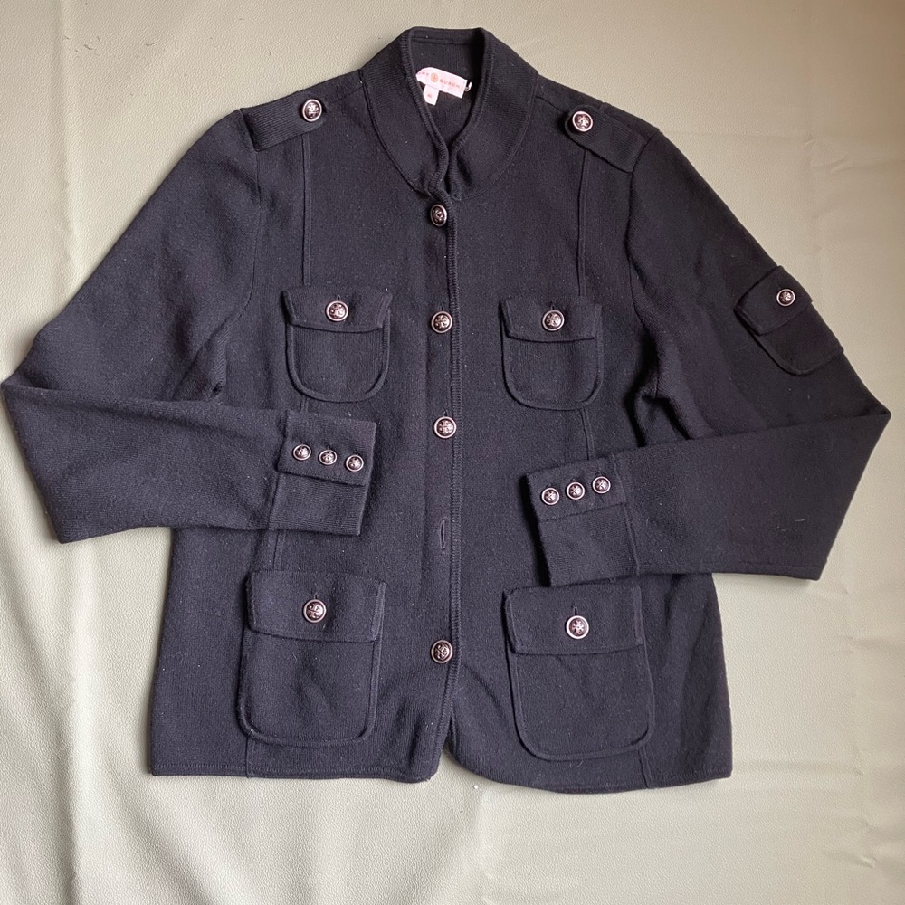Tory Burch Black 100% Wool Military Knit Cardigan Jacket Logo Buttons XL